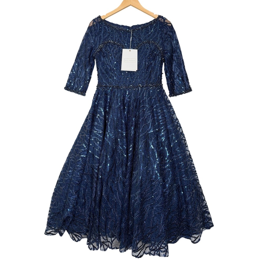 New Mac Duggal Beaded Lace Cocktail Dress 4 Navy Blue Sequined Fit Flare Party
